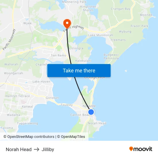 Norah Head to Jilliby map