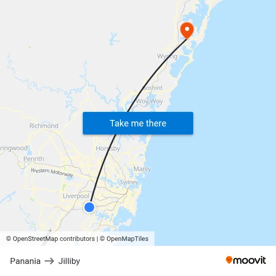 Panania to Jilliby map