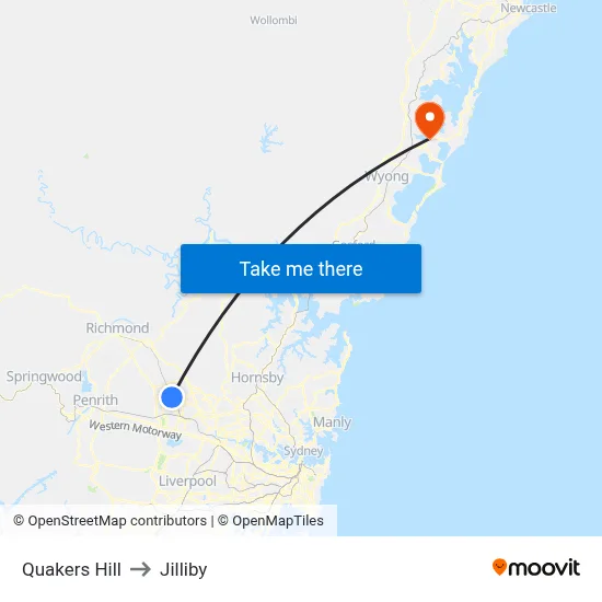 Quakers Hill to Jilliby map