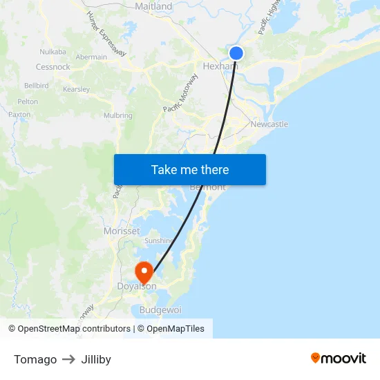 Tomago to Jilliby map