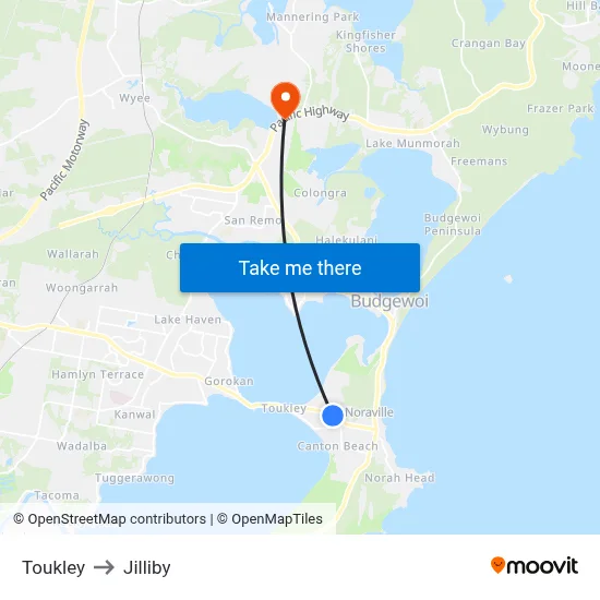 Toukley to Jilliby map