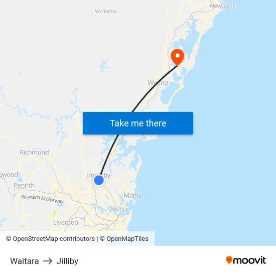 Waitara to Jilliby map