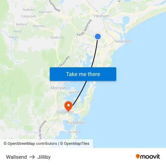 Wallsend to Jilliby map