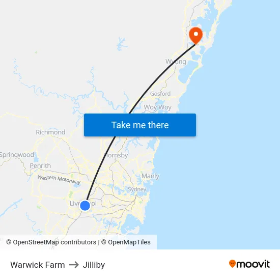 Warwick Farm to Jilliby map