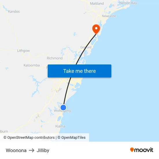 Woonona to Jilliby map