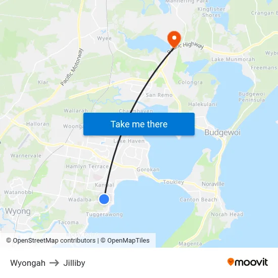 Wyongah to Jilliby map