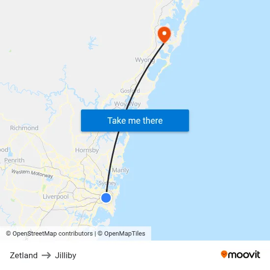 Zetland to Jilliby map