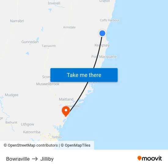 Bowraville to Jilliby map