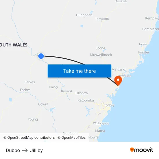 Dubbo to Jilliby map