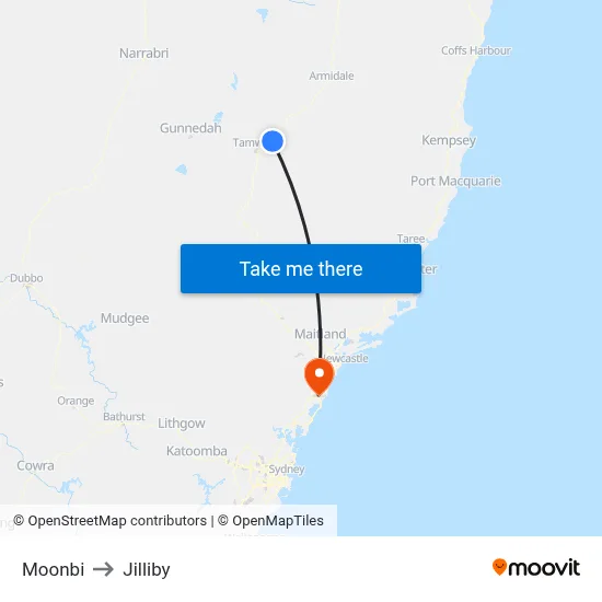 Moonbi to Jilliby map