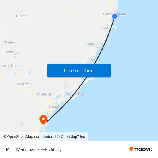 Port Macquarie to Jilliby map