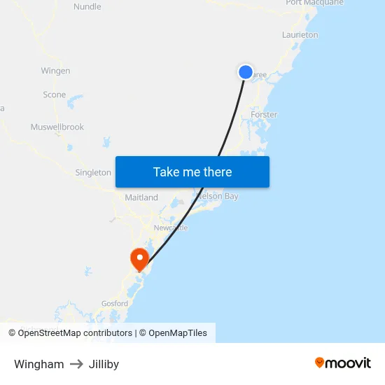 Wingham to Jilliby map