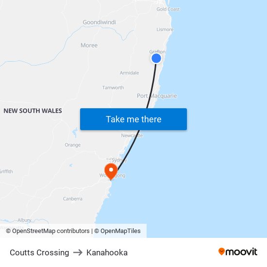 Coutts Crossing to Kanahooka map