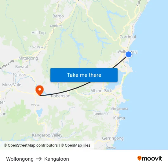 Wollongong to Kangaloon map