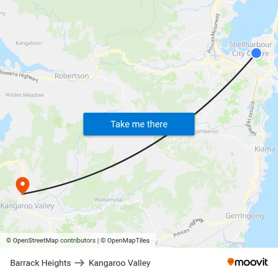 Barrack Heights to Kangaroo Valley map
