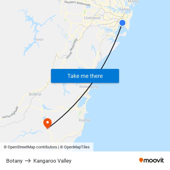 Botany to Kangaroo Valley map