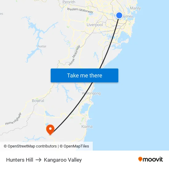Hunters Hill to Kangaroo Valley map
