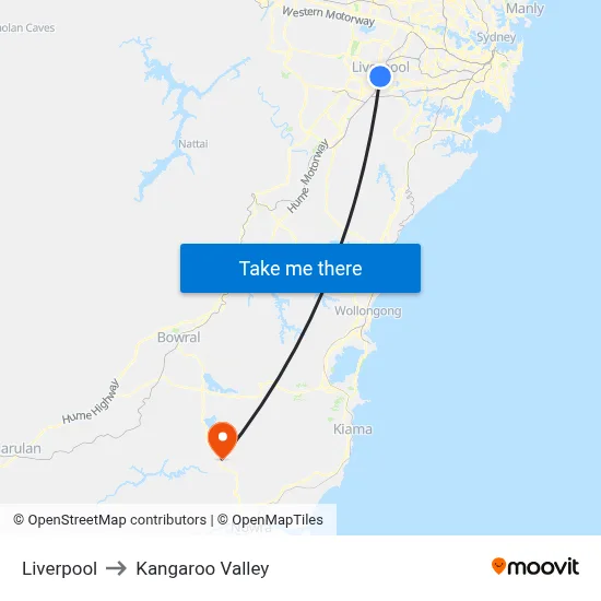 Liverpool to Kangaroo Valley map