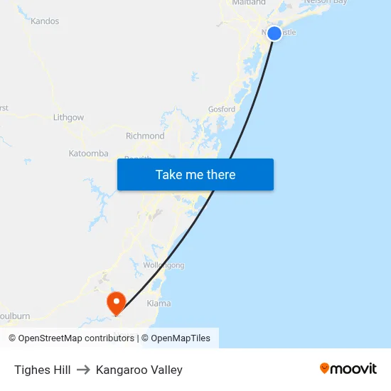 Tighes Hill to Kangaroo Valley map