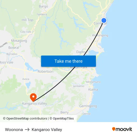 Woonona to Kangaroo Valley map
