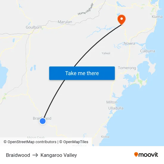 Braidwood to Kangaroo Valley map