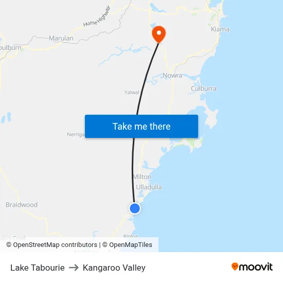 Lake Tabourie to Kangaroo Valley map
