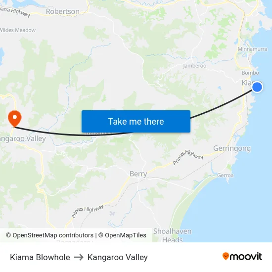 Kiama Blowhole to Kangaroo Valley map