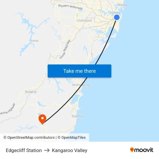 Edgecliff Station to Kangaroo Valley map