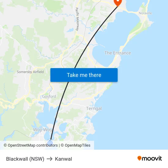 Blackwall (NSW) to Kanwal map