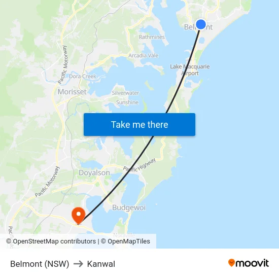 Belmont (NSW) to Kanwal map