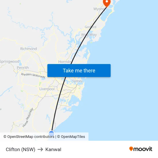 Clifton (NSW) to Kanwal map