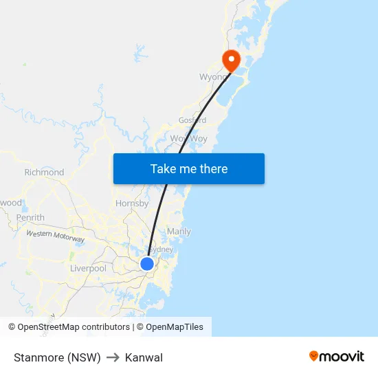 Stanmore (NSW) to Kanwal map