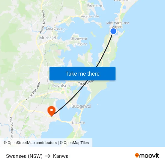 Swansea (NSW) to Kanwal map
