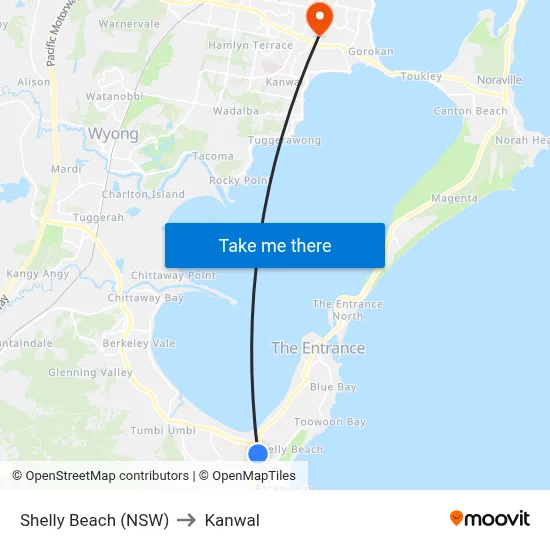 Shelly Beach (NSW) to Kanwal map