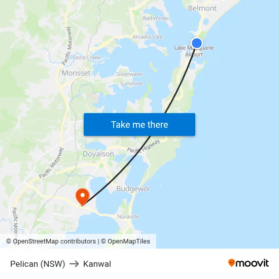 Pelican (NSW) to Kanwal map