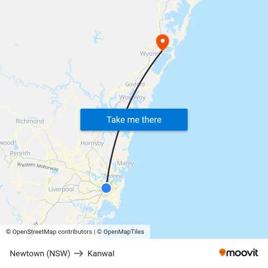 Newtown (NSW) to Kanwal map