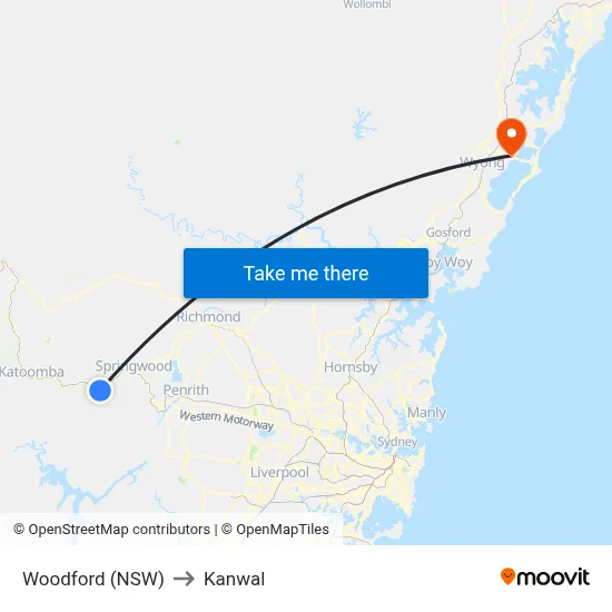 Woodford (NSW) to Kanwal map