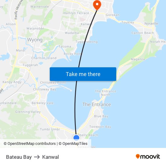 Bateau Bay to Kanwal map