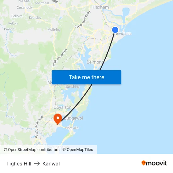 Tighes Hill to Kanwal map