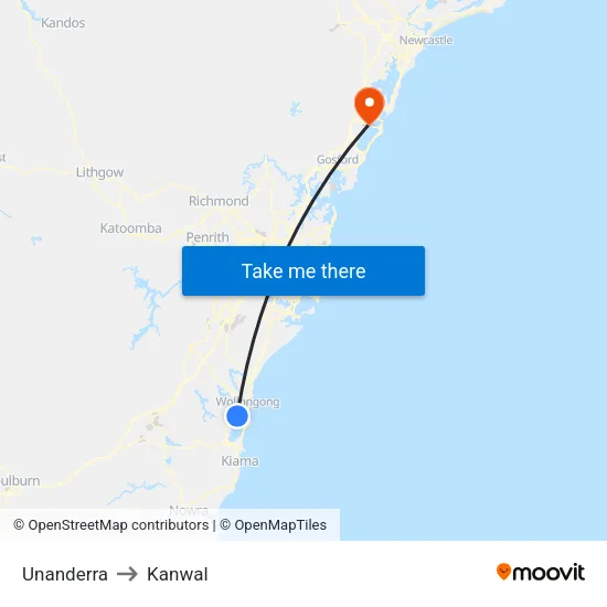 Unanderra to Kanwal map