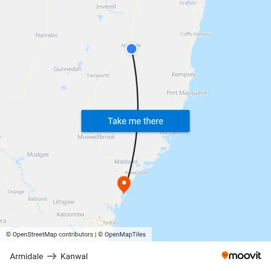 Armidale to Kanwal map