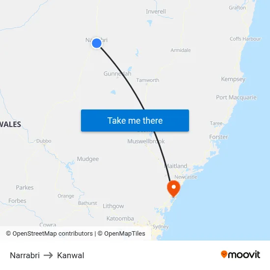 Narrabri to Kanwal map
