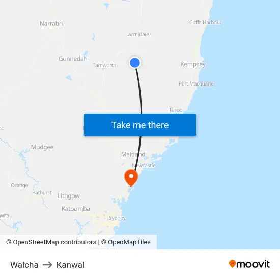 Walcha to Kanwal map