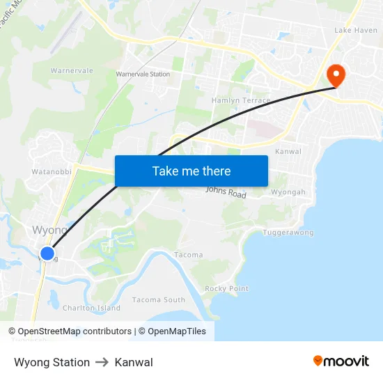 Wyong Station to Kanwal map