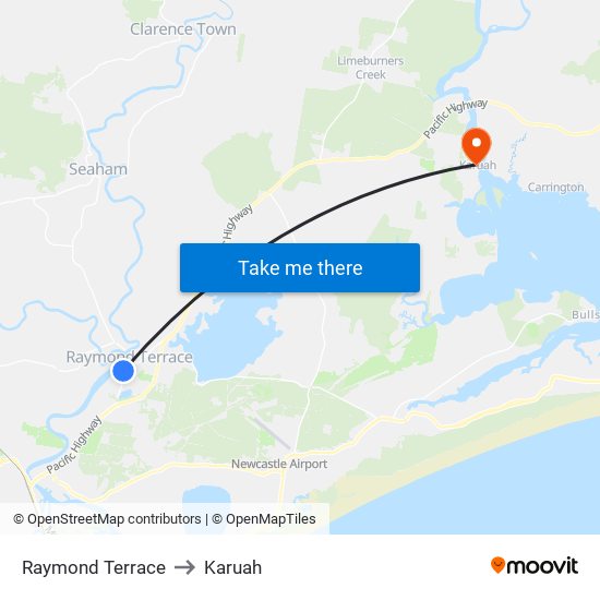 Raymond Terrace to Karuah map