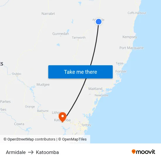 Armidale to Katoomba map