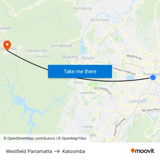 Westfield Parramatta to Katoomba map