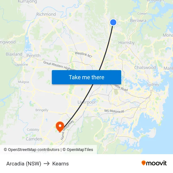 Arcadia (NSW) to Kearns map