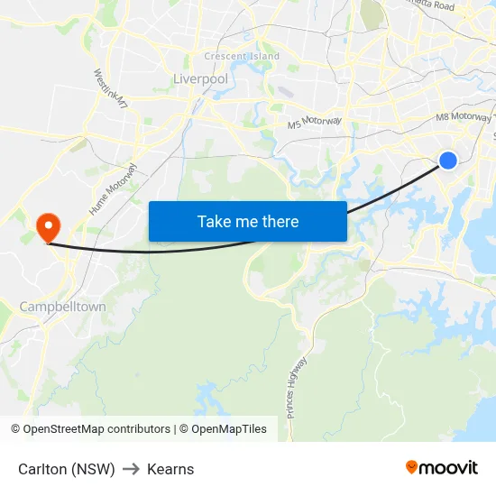 Carlton (NSW) to Kearns map