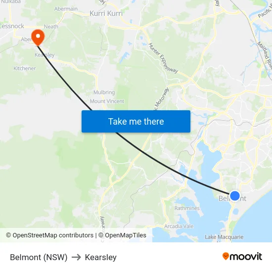 Belmont (NSW) to Kearsley map
